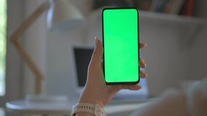 Handheld Camera: Point of View of Woman at Modern Room Sitting on a Chair Using Phone With Green Mock-up Screen Chroma Key Surfing Internet Watching Content Videos Blogs