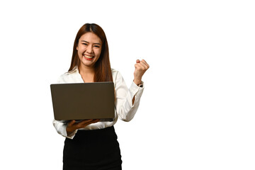 Naklejka premium Happy businesswoman holding laptop and celebrating success raising hands up isolated on white background