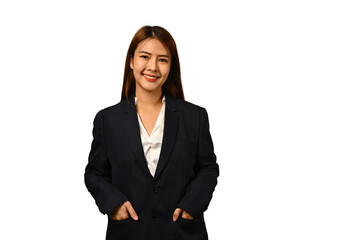 Obraz premium Confident asian businesswoman in black suit posing isolated on white background