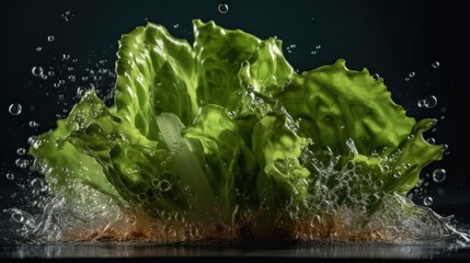 Fresh Green Lettuce hit by splashes of water with black blur background
