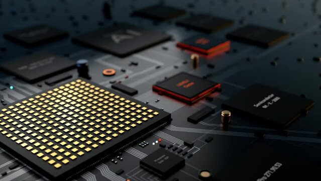 Close-up processors, circuits, and random access memory on the motherboard. Technology, digital, comoputer parts,  and integrated circuit concept.