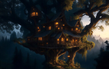 Fototapeta na wymiar Fairytale treehouse village covered, Generative AI Illustration.