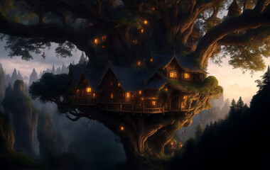 Fairytale treehouse village covered, Generative AI Illustration.