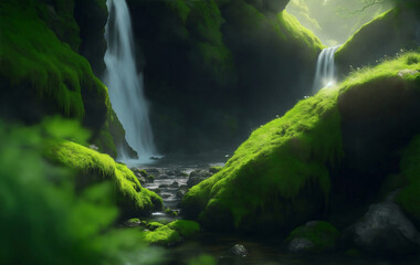 Beautiful nature with plants and waterfall, Generative AI Illustration.