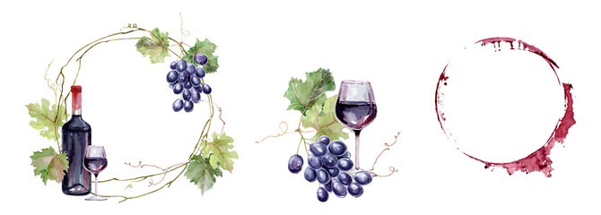 Watercolor wine set with grape and corkscrew, Watercolor bunches of blue grapes, green leaves and branches, bottle of red wine with wine glass and grapes, For cafe menu design, posters, restaurant dec - obrazy, fototapety, plakaty