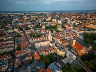 Fototapeta na wymiar Opole. Aerial shots at sunset The market square, the opera house by the river, the most popular places in Opole.