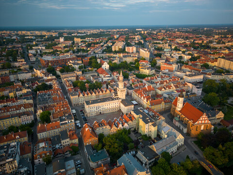 Opole. Aerial shots at sunset The market square, the opera house by the river, the most popular places in Opole.