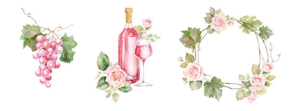 Watercolor wine set with grape and corkscrew, Glass of rose wine. French alhocol drink, Pink wine, wine glass and roses, For cafe menu design, posters, restaurant decoration,