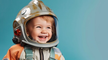 Portrait of a cute little boy dressed as an astronaut over blue background. Portrait of a happy little kid in astronaut helmet. Space theme. Smiling child dreaming about becoming an astronaut.