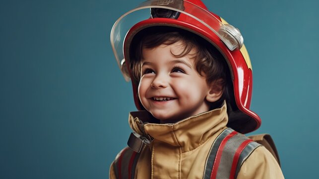  Portrait of a smiling boy in a yellow firefighter uniform on a blue background. Portrait of a happy boy in a protective fire helmet. Portrait of a cute little fireman posing at studio. AI generated