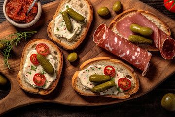 Opened sandwiches with cream cheese, pickles and salami. Flat lay, top view. Generative Ai