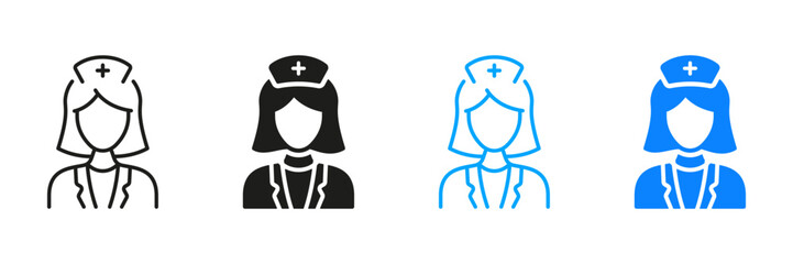 Doctor Woman Silhouette and Line Icons Set. Physician Specialist, Orthodontist, Endodontist Pictogram Collection. Female Dentist Symbol. Dental Surgeon Sign. Isolated Vector Illustration