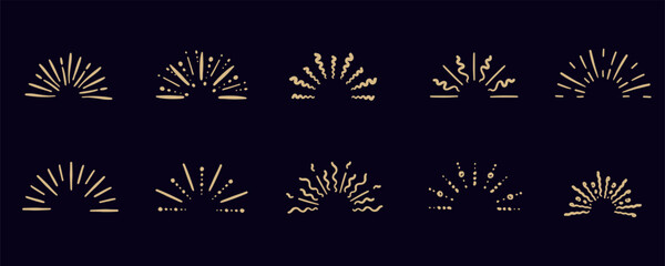 Starburst hand drawn elements. Circle sunburst doodle drawing, framed design, badge or label decor. Abstract outline burst, star or firework, explosion or light rays. Vector isolated icons set