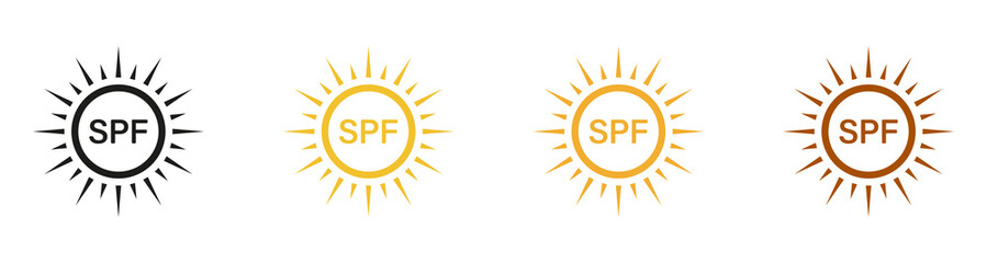 SPF Label, Ultraviolet Rays Protect Icon Set. Block Solar Radiation. Sunblock, Sunscreen Cream. Summer Sunlight Symbol Collection. Skin Protection from Sun Pictogram. Isolated Vector Illustration