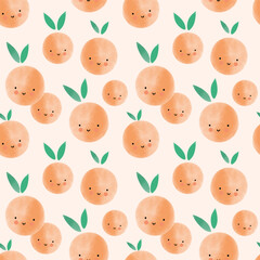 Watercolor fruit seamless pattern. Cute cartoon character with eyes and smiles, peach or orange. Childish nursery and textile decor. T-shirt print, wrapping paper, wallpaper design vector illustration