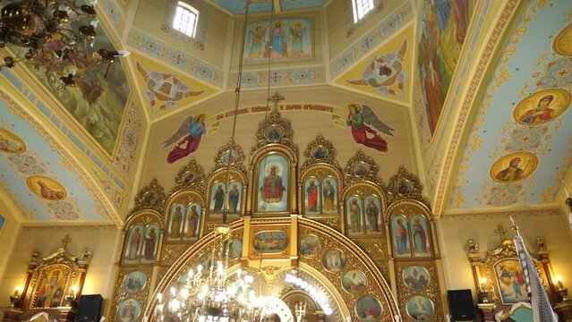 Interior, architecture of the Orthodox church with painting and iconostasis. Churches and temples of Ukraine.