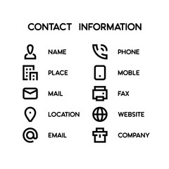 Contact Information and Contact Us line vector icons. Contains icons as Name, Address, Time, Phone number, Office, Mail, Company, Notification etc.
