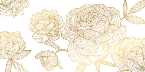 Vector flower golden pattern, roses line japanese style illustration. Luxury hand drawn florals for packaging, social media post, cover, banner, creative post and wall arts. Gold and white.
