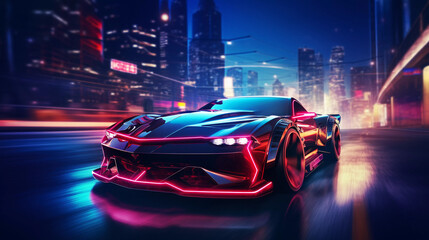Fototapeta na wymiar Epic Cyberpumk Sports Car Neon Retro Wave Style