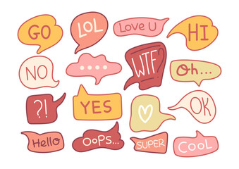 Speech bubbles set with text and graphics. Colorful social media messages, conversation simple elements, comment cloud, chat blot. Vector isolated illustration.