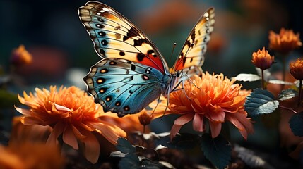 Split focus photography of a butterfly resting on a flower, with both the foreground and background sharply in focus. (Generative AI)