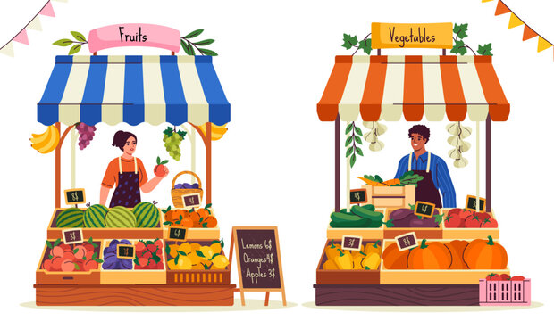 Farmer market set. Characters sell ripe organic fruits, berries and vegetables in stall with awning. Sellers and marketing concept. Cartoon flat vector collection isolated on white background
