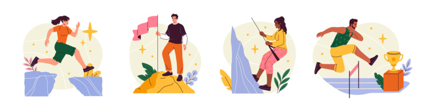 People overcome obstacles. Purposeful characters set goals, challenges and strive for victory. Business, achievement and target concept. Cartoon flat vector collection isolated on white background