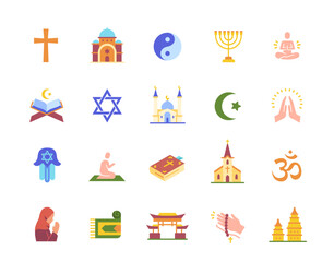 Colored religious icons set. Stickers with sacred symbols, church, temple and mosque. Christian bible, islamic quran and buddhist mediation concept. Cartoon flat vector isolated on white background