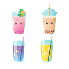 Fototapeta premium Bubble tea set of milk, fruit, clipart Menu