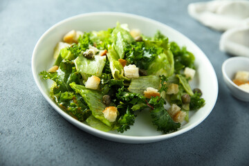 Healthy leaf salad with bread croutons