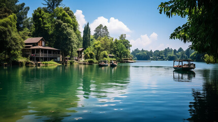 Fototapeta na wymiar A tranquil lake surrounded by lush greenery, attracting boaters and nature enthusiasts for a famous weekend of relaxation and outdoor activities Generative AI