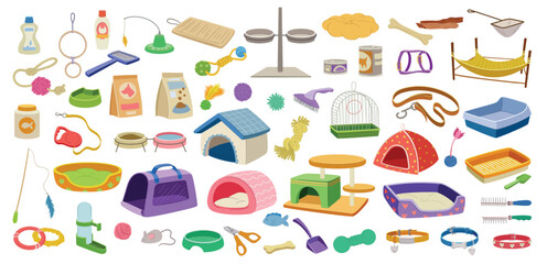 Pet supplies set. Veterinary shop elements food and bowls, toys, cages, trays, beds and collars. Pet care for cats and dogs, fish and birds. Cartoon flat vector collection isolated on white background