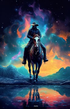 Photo of a man riding a horse across a river under a starry sky.generative ai