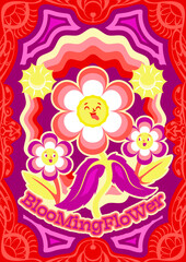 1960s psychedelic art. Funny bright poster and banner, background and flyer in abstract hippie style. Colorful retro party invitation with smiling flowers and rainbow. Cartoon flat vector illustration