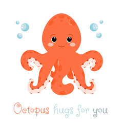 Cute octopus character, Sea life lettering quote decorated with cute cartoon doodles. Sea poster, print, card, kids apparel decor, sticker. 