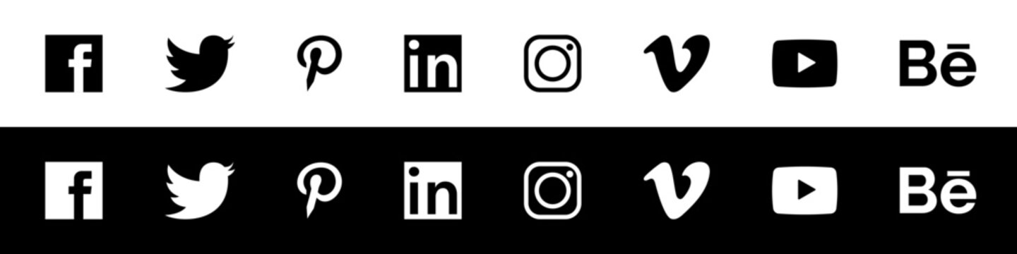 Vinnytsia, Ukraine - June 30, 2023: Social Media Icons. Social media logo. Facebook, Twitter, Pinterest, LinkedIn, Instagram, Vimeo, Youtube, Behance