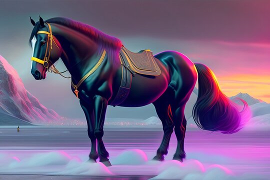 Portrait of a black horse of friesian breed on a purple fog background.
