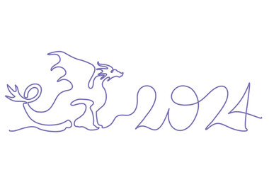 2024 one line art, hand drawn continuous contour. Continuous one line drawing dragon. Year of the Dragon. Chinese dragon symbol. New year handwriting text, sketch style.