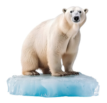 sad polar bear standing on a small sea ice in cause of global warming effect, isolated background. Generative Ai