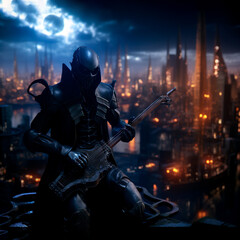 A post-apocalyptic musician dressed in leather plays the guitar upon a dystopian cityscape in the background
