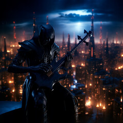 Naklejka premium A post-apocalyptic musician dressed in leather plays the guitar upon a dystopian cityscape in the background