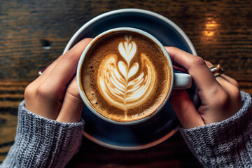 Top view person, hands and drinking coffee in cafe, restaurant and local small business for break, rest or weekend. Ai generated, warm or hot cup with cappuccino, flat white or service industry drink