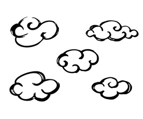 Obraz premium Hand drawn clouds set collection. Vintage chinese ink clouds. Various ink and brush hand drawn clouds. Sketch of different form sky element isolated on a white background. Vector illustration