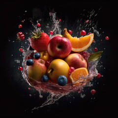 Fototapeta na wymiar delicious fruit splashes in water and flying in a new dimension, juice splash, fruit water splash, cinematic, space, cosmos, dark background. Generative AI