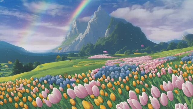 Panoramic fantasy view of nature tulips flower field and blue sky in Japanese anime watercolor painting illustration style. seamless looping video animated virtual background.