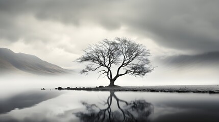 Black and white fine art photography of a solitary tree in a misty landscape, evoking a sense of solitude and tranquility.  (Generative AI)