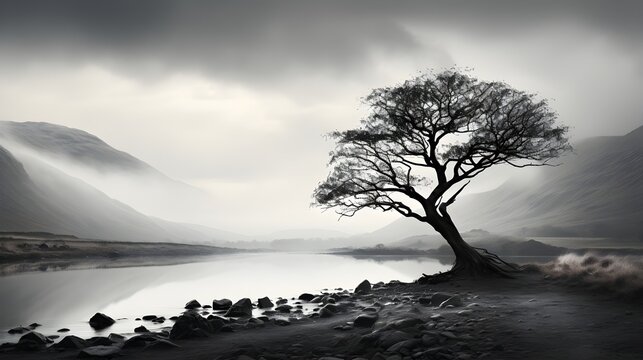 Black and white fine art photography of a solitary tree in a misty landscape, evoking a sense of solitude and tranquility.  (Generative AI)
