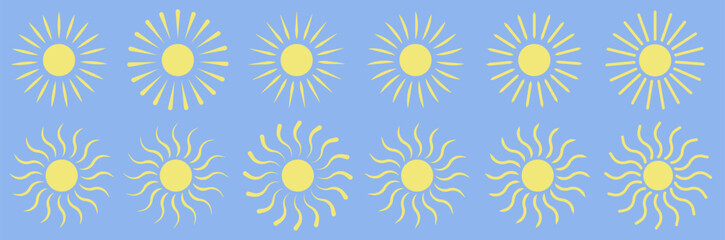 Sun icon vector symbol set. Flat yellow sun cartoon shape isolated on white background.