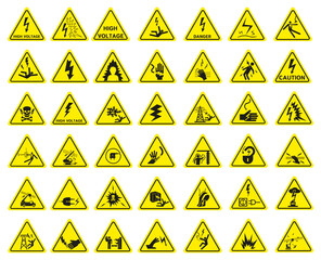 High voltage sign. Triangular yellow electrical hazard signs. Vector illustration. - obrazy, fototapety, plakaty