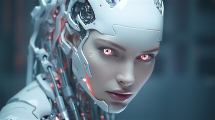 Fototapeta premium Illustration of Beautiful Porcelain white female Android Robot. Technology Background. Ai generative.